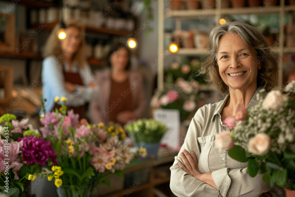 A smiling middle-aged female florist standing in her flower shop with her arms crossed, with a blurred couple of customers behind at the counter