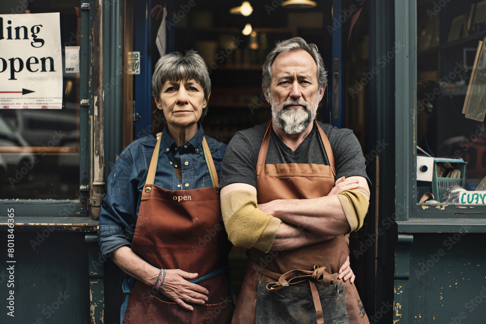 Fototapeta premium A middleaged couple standing in front of the entrance to their small business, wearing aprons and smiling at camera