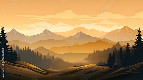 Golden Glow in the Mountain, Mountain Silhouettes, Realistic Mountains Landscape. Vector Background
