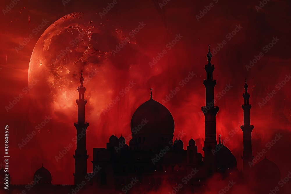 Mosques Dome shadow on twilight sky night red dark black with Crescent Moon ramadan islamic religion symbols. Islamic new year Muharram, Mubarak, Eid al-fitr, Eid al-Adha, arabic concept