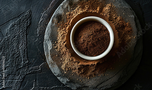 Top view of luxurious black caviar in a small bowl set on a rugged dark slate background. Generate AI