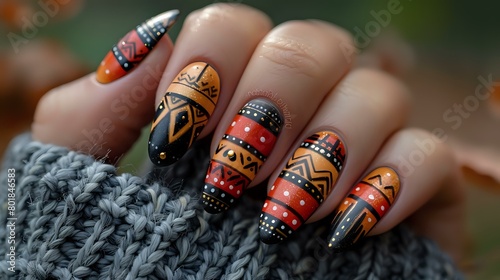 Detailed Hand with Tribal-Inspired Nail Art and Metallic Accents