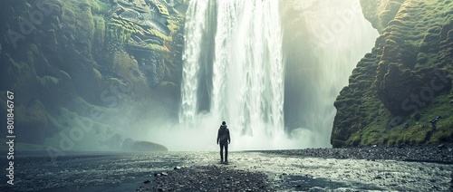 Waterfall , beautiful landscape with waterfall and man standing under the water splash photo