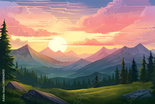 Sunrise Harmony, Realistic Landscape, Realistic Mountains Landscape. Vector Background