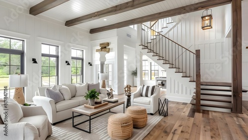 Modern farmhouse interior design featuring wooden staircase in living room . Concept Modern Farmhouse Design  Wooden Staircase  Living Room Decor