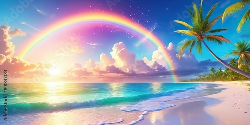 Rainbow over the sea shimmers with bright clouds illuminating the white sand beach with palm trees