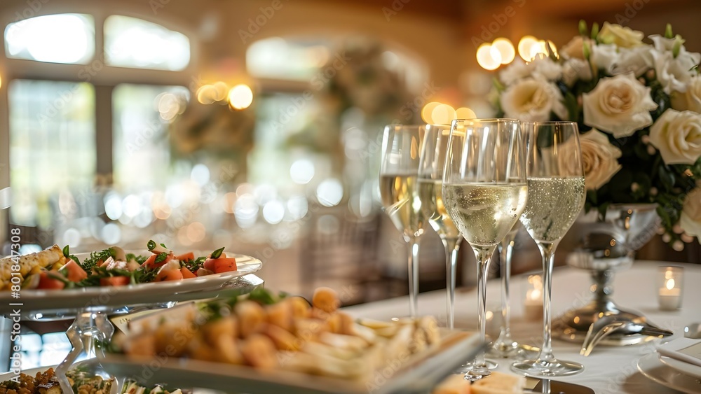 Chic wedding venue with wine glasses appetizers soft lighting and romantic ambiance. Concept Wedding Venues, Wine Glasses, Appetizers, Soft Lighting, Romantic Ambiance