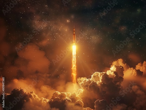 A space launch, with flames and plumes of smoke propelling a rocket into the heavens. 
