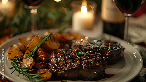 Fresh spicy steak closeup with red wine party celebrations dinner. Christmas cozy night