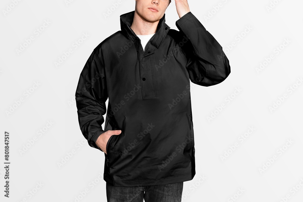 Men's black wind jacket, off white background Men's black wind jacket, off white background