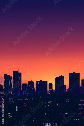  A minimalist vector skyline of a city at sunset, composed of silhouetted black buildings against a background gradient of orange to purple © Davy