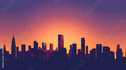  A minimalist vector skyline of a city at sunset  composed of silhouetted black buildings against a background gradient of orange to purple