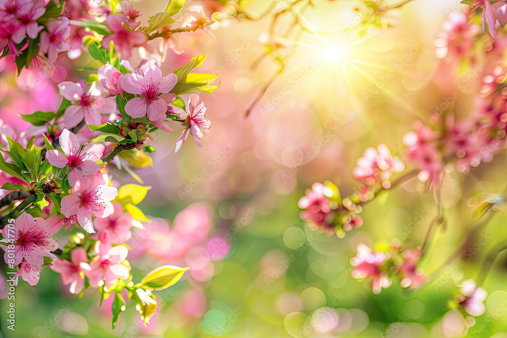 Background of Spring Blossoms: Lovely Nature Scene with Blooming Tree, Sun Flare, and Spring Flowers. Sunny Day in a Beautiful Orchard. Abstract Blurred Background Evoking Springtime Beauty.