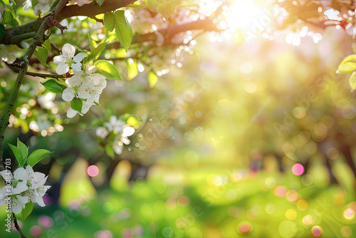 Background of Spring Blossoms: Lovely Nature Scene with Blooming Tree, Sun Flare, and Spring Flowers. Sunny Day in a Beautiful Orchard. Abstract Blurred Background Evoking Springtime Beauty. © ebhanu