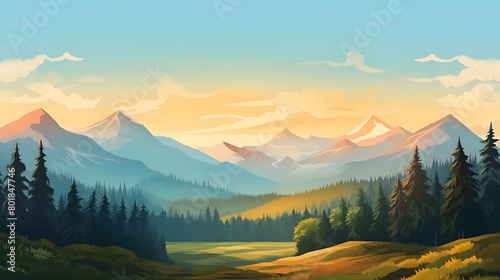 Sun kissed Peaks, Realistic Mountain Panorama, Realistic Mountains Landscape. Vector Background photo