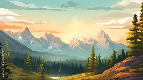 Sun kissed Peaks, Realistic Mountain Panorama, Realistic Mountains Landscape. Vector Background