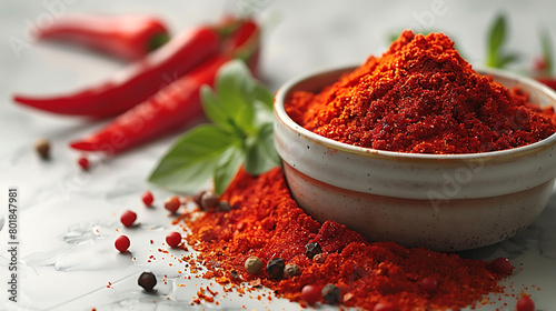Indian red chili powder spices in a bowl  with dried chilies photo