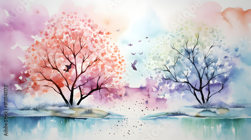 Digital watercolor natural spring landscape abstract graphic poster web page PPT background © yonshan