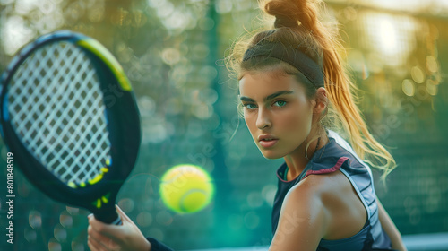 A young woman holding a paddle racket is looking at a moving tennis or pickle ball, ready to hit. Sport athlete girl, playing a tennis match, fitness and lifestyle.