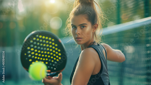 A young woman holding paddle racket is looking at moving tennis or pickle ball, ready to hit. Sport athlete girl, playing tennis match, fitness and lifestyle.