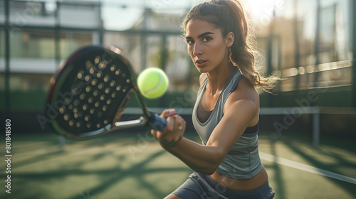 A young woman holding paddle racket is looking at moving tennis or pickle ball, ready to hit. Sport athlete girl, playing tennis match, fitness and lifestyle. © Lahiru