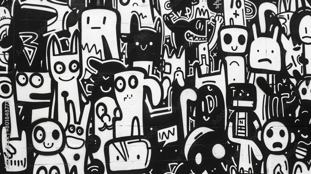 a cute minimalist cute pure black and white urban masterpiece composed of stick figures, robots
