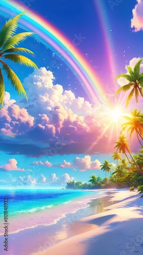 Rainbow over the sea shimmers with bright clouds illuminating the white sand beach with palm trees