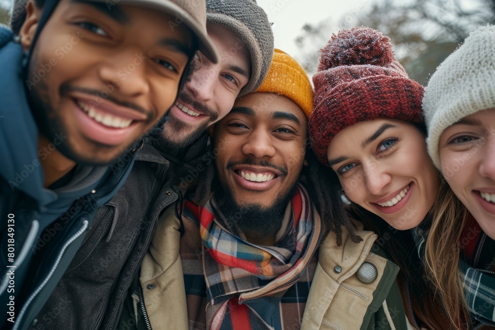 Group of friends in winter clothes smiling and looking at camera while standing outdoors Group of friends in winter clothes smiling and looking at camera while standing outdoors