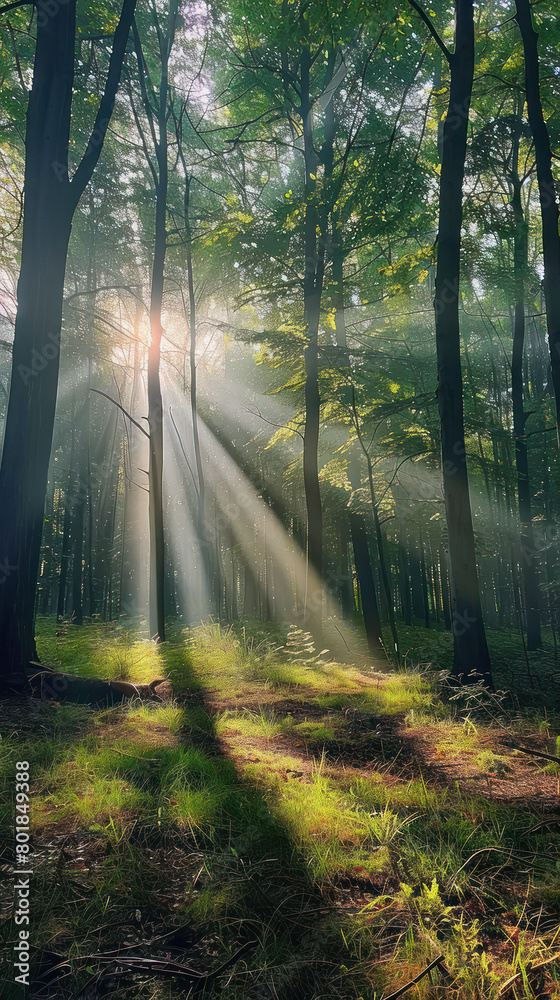 Fototapeta premium Sunlit Forest Clearing with Beams., International Sun Day, the importance of solar energy, Sun’s contributions to life on Earth.