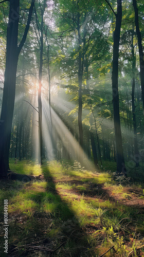 Sunlit Forest Clearing with Beams.  International Sun Day  the importance of solar energy  Sun   s contributions to life on Earth.