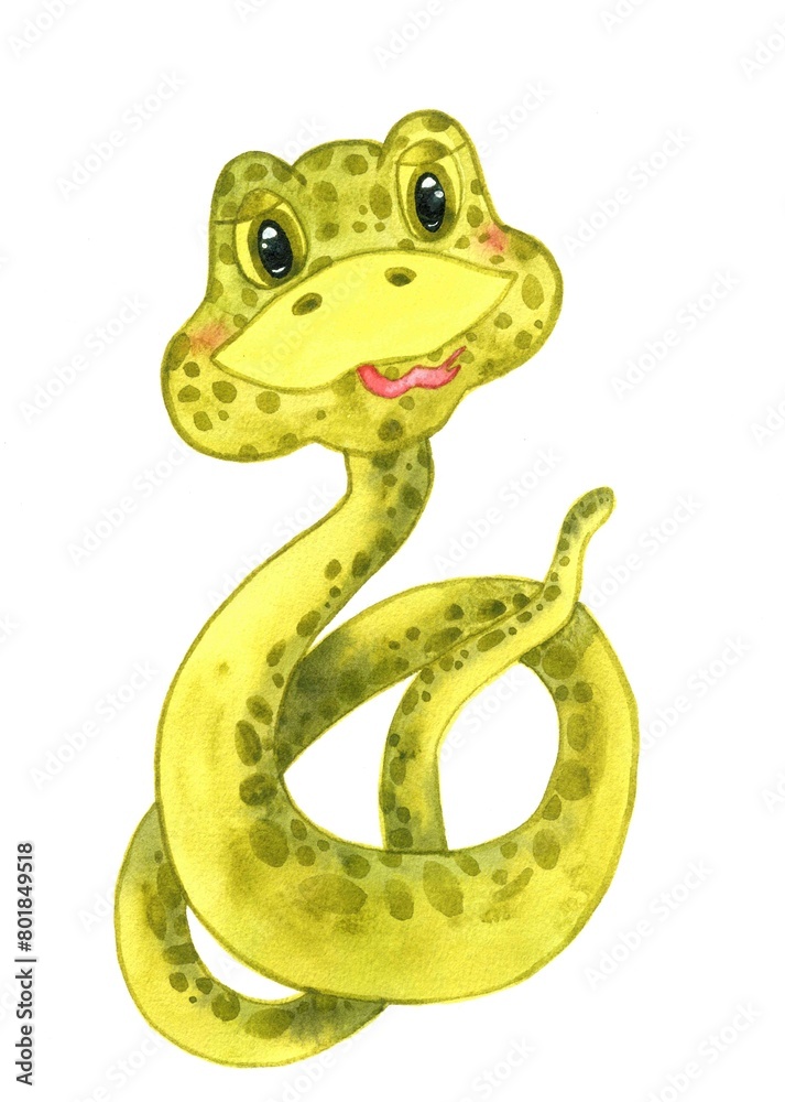 watercolor cartoon cute snake with its tongue hanging out on white background. The year of the green wooden snake 2025. watercolor cartoon cute snake with its tongue hanging out on white background. The year of the green wooden snake 2025.