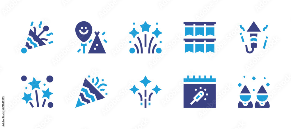 Celebrate icon set. Duotone color. Vector illustration. Containing celebration, confetti, firework, bunting, fireworks, party.