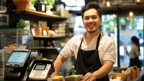 Young man staff in restaurant food drink retail shop cashier payment machine at counter Asian male smile