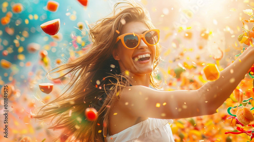 Fototapeta Naklejka Na Ścianę i Meble -  A beautiful woman with sunglasses is smiling and having fun, surrounded by flying fruits