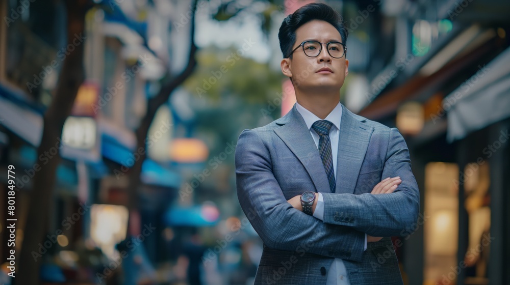 Fototapeta premium Businessman with eyeglasses watch cross hands stands on street Asian male in suit