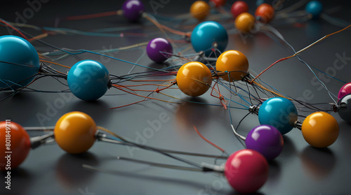 Communication and connection concept with color spheres connected by wires