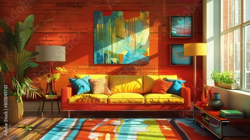 Eclectic Living Room Artistic Expression: An illustration featuring an eclectic living room as an artistic expression