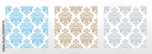 Wallpapers in the style of Baroque. Seamless vector backgrounds. Set of colored floral ornaments. Graphic patterns for fabric, wallpaper, packaging. Ornate Damask flower ornaments