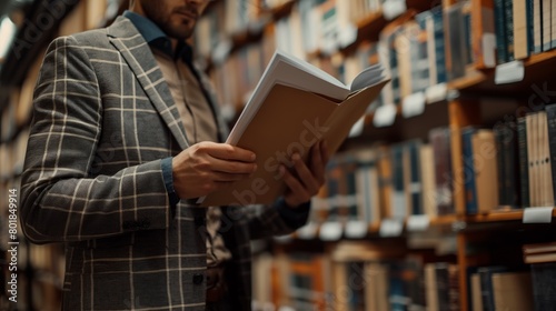 Focused man reading book in library, wearing plaid blazer, concept of education and lifelong learning photo