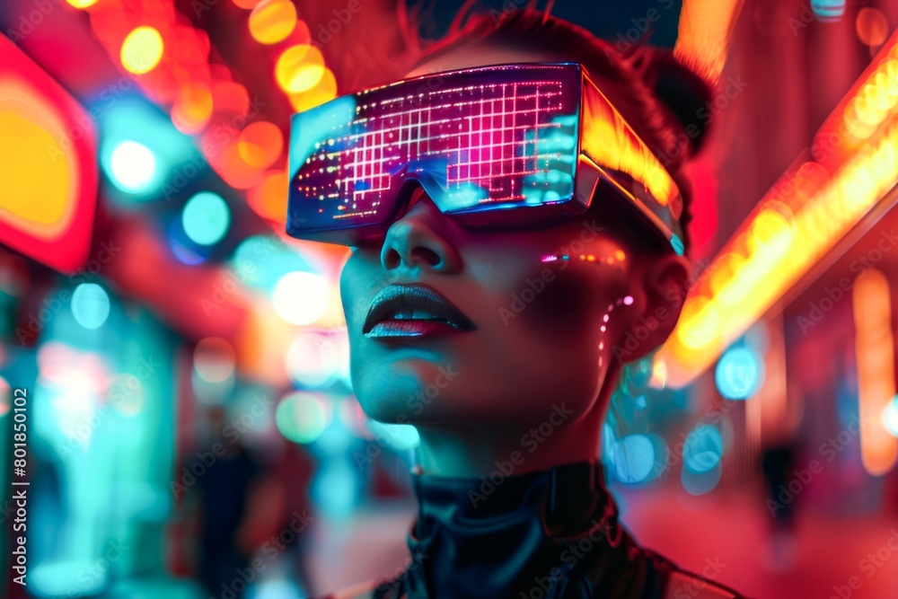Futuristic Female Model Posing With Neon Visor Glasses at Night in a Cityscape Futuristic Female Model Posing With Neon Visor Glasses at Night in a Cityscape