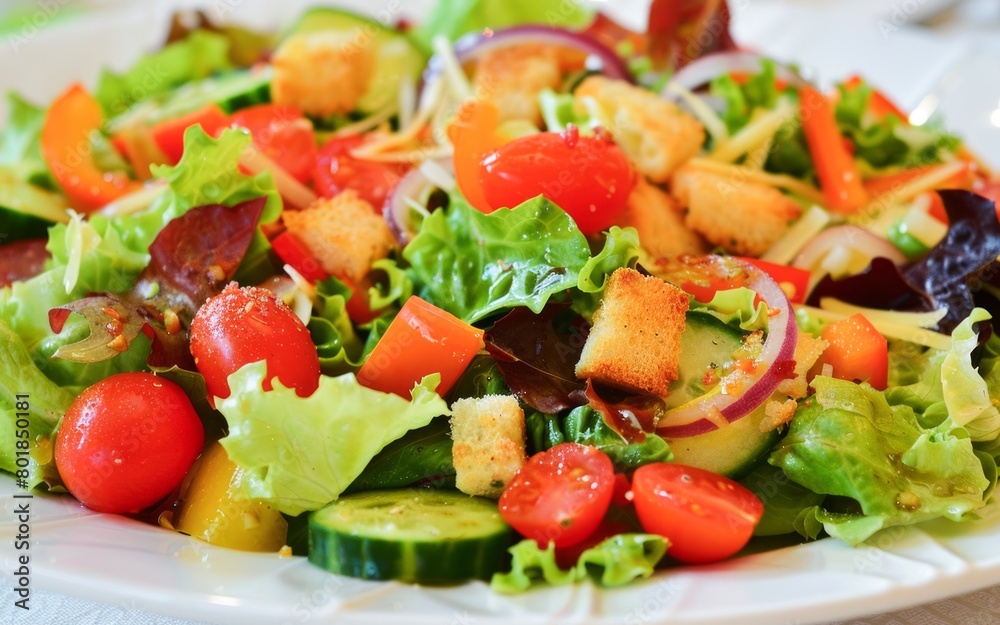 Fresh Garden Salad With Croutons Served on a White Plate in a Casual Dining Setting