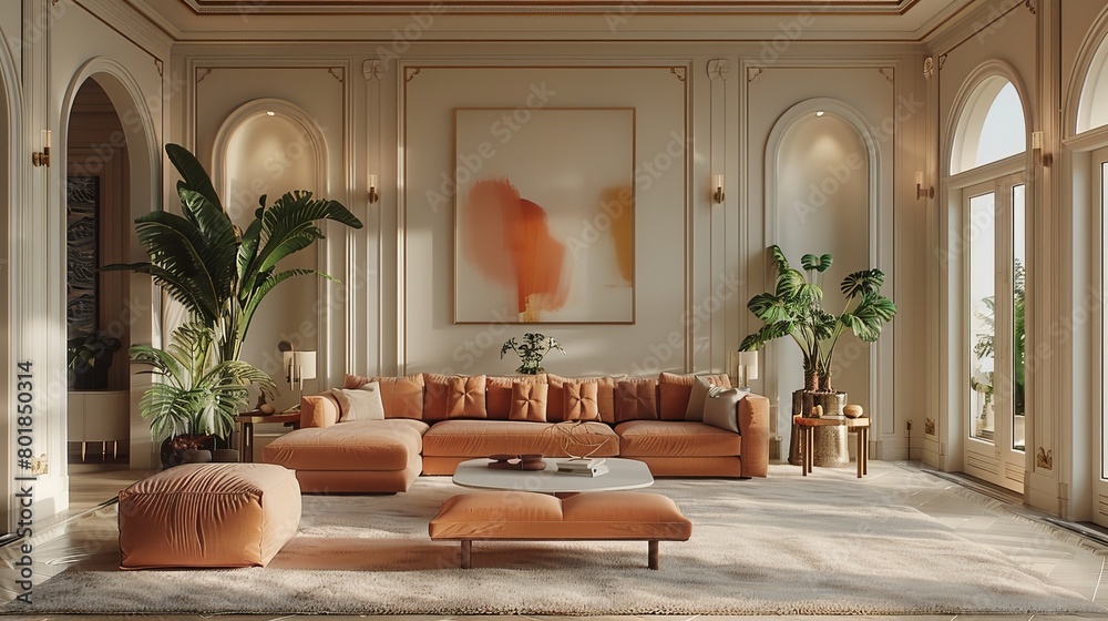 Luxury Living Room Chic Style: A 3D illustration showcasing the chic style of a luxury living room