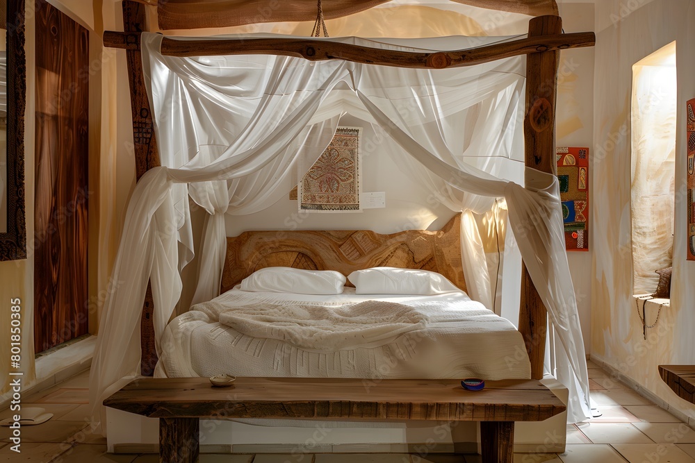A canopy bed with sheer white fabric draped over the top, creating a romantic atmosphere in the style of contemporary bedroom design, modern canopy bedroom look A canopy bed with sheer white fabric draped over the top, creating a romantic atmosphere in the style of contemporary bedroom design, modern canopy bedroom look