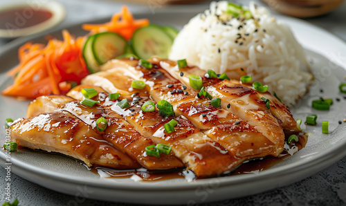 A succulent teriyaki chicken with steamed rice  garnished with sesame and green onions. Generate AI