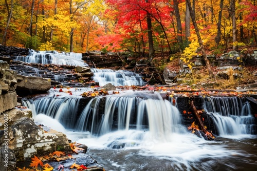 Autumn Splendor at a Forest Waterfall During Peak Foliage Season