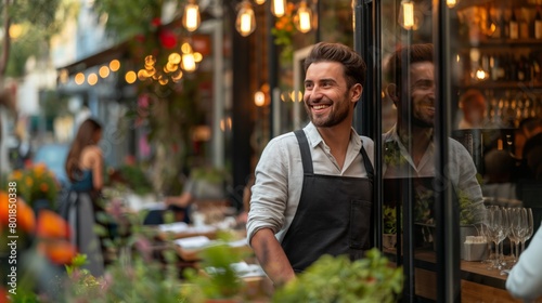 Friendly male waiter smiling outside a bustling cafe, embodying the warmth and welcoming atmosphere of local eateries, Concept of hospitality and community. photo