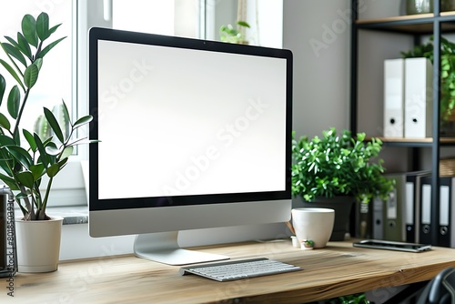 Photo of computer laptop and computer monitor with white blank screen putting on wooden working desk that surrounded by graphic designer equipment over white living room wall as background