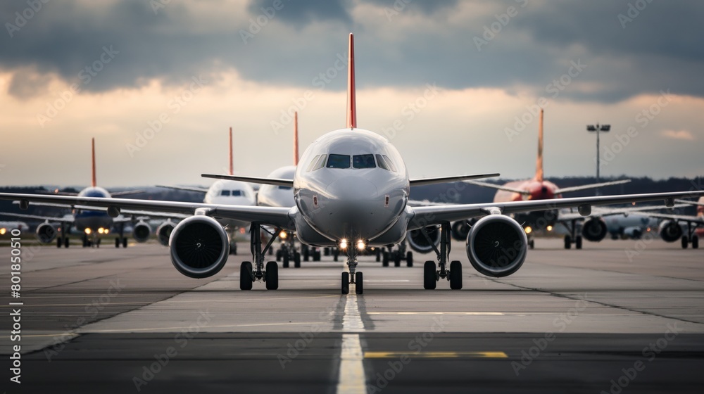 Airplanes on airport runway cloudy day eye level shot Airplanes on airport runway cloudy day eye level shot