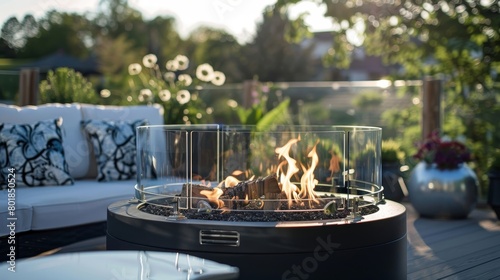 A glass wind guard encircles the fire pit allowing for uninterrupted views of the flames while also creating a sleek and modern look. 2d flat cartoon.