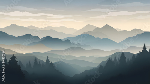 Misty Morning Mountain, Realistic Landscape, Realistic Mountains Landscape. Vector Background
